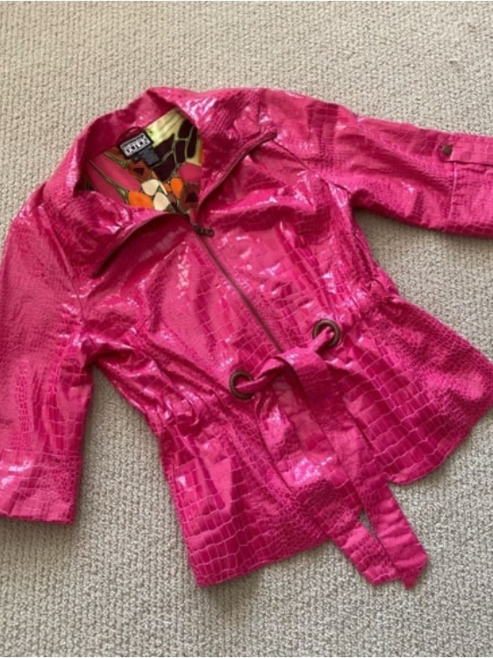 Berek Hot Pink Faux Crocodile Skin Y2K Peplum Jacket Waist Tie Size M RARE - Picture 2 of 10